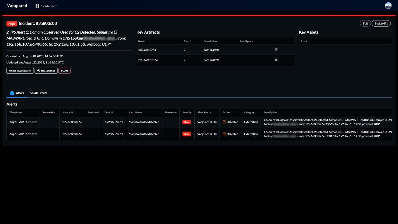 Screenshot of the incident view