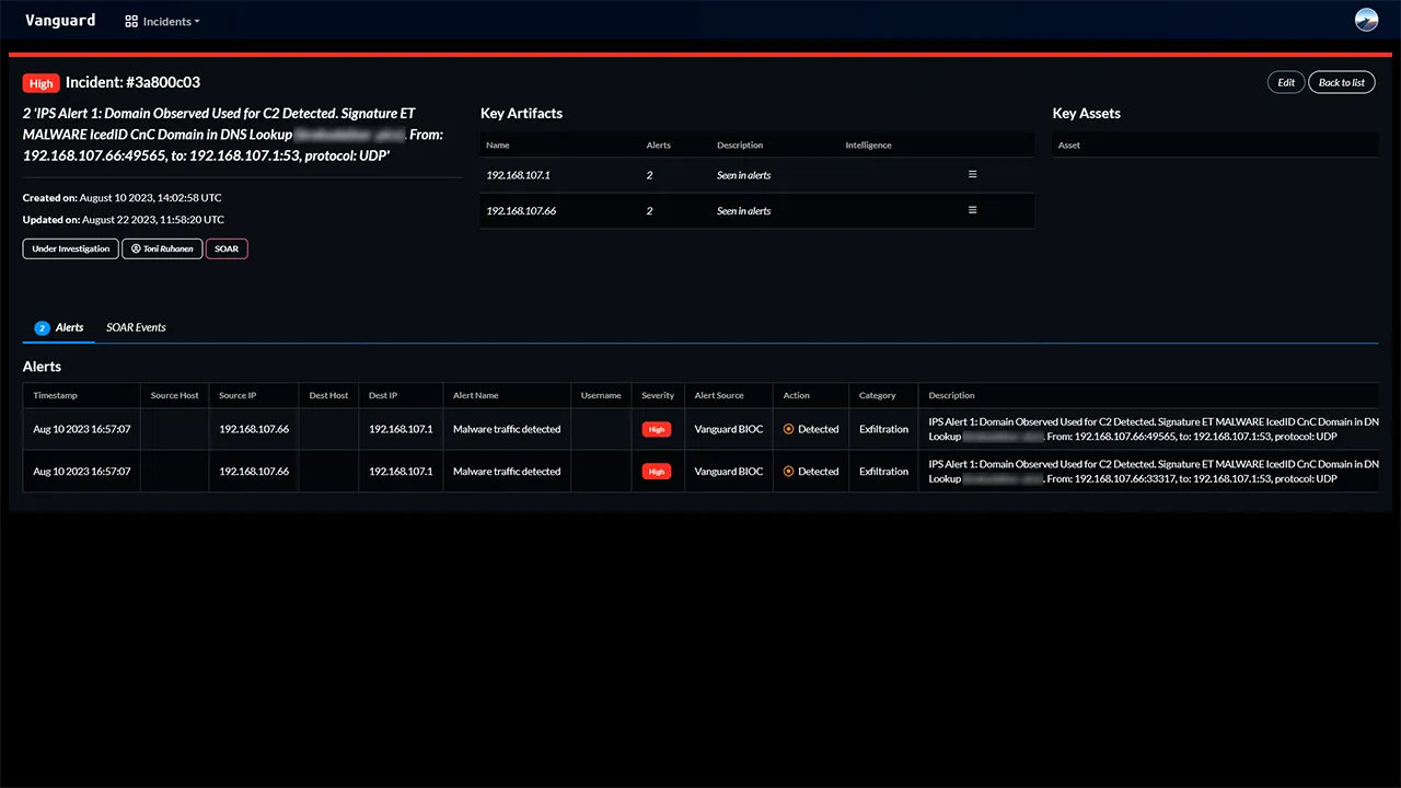 Screenshot of the incident view