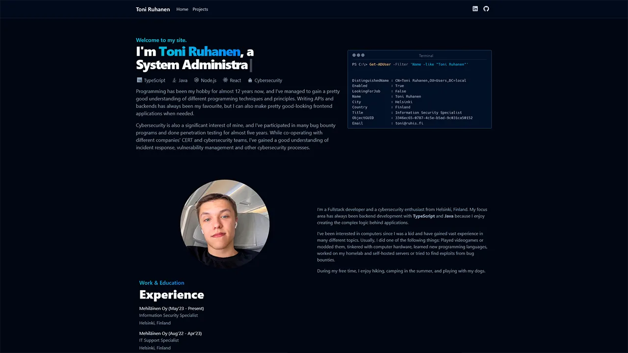 Screenshot of the first version of my website